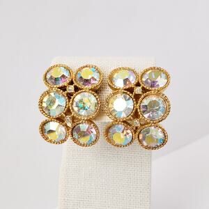 Vintage Signed Stanley‎ Rhinestone AB Gold Tone Curved Clip On Earrings 1"